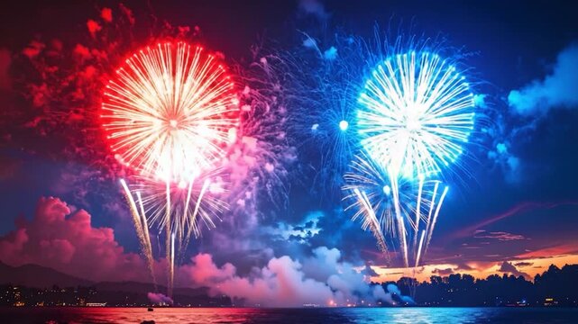 Nighttime spectacle with vibrant fireworks exploding over water, silhouetted land visible