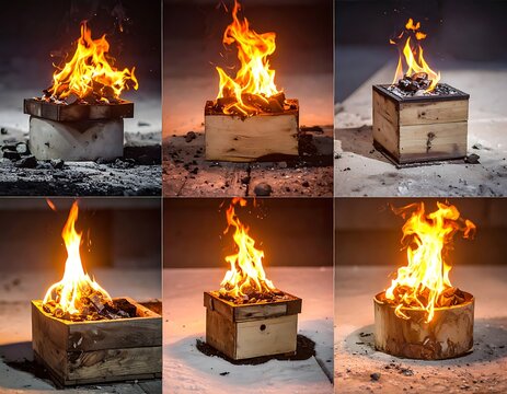 A collage of six images showing fires burning on wooden boxes