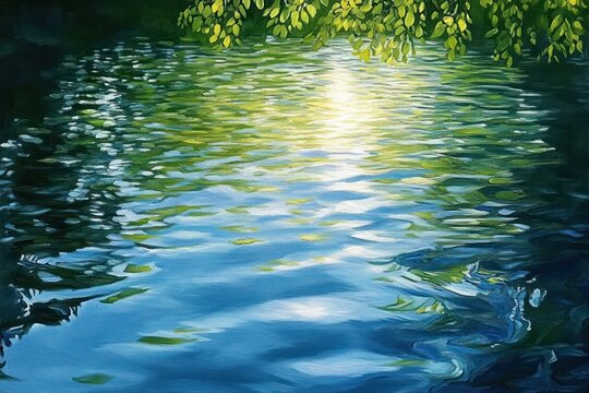 Sunlit blue-green water with overhanging leafy branch, shimmering reflections and gentle ripples, calm tranquil mood