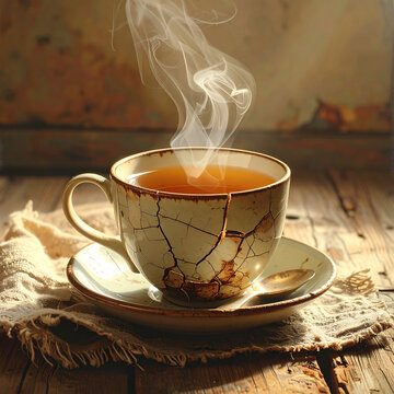A steaming hot cup of tea in a kintsugi ceramic mug.