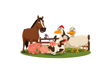 Naklejka premium Cute Cartoon Farm Animals Collection with Horse Cow Pig and Poultry