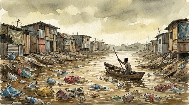 A person paddles a small boat through a heavily polluted river filled with trash, surrounded by a shantytown under a gloomy sky.
