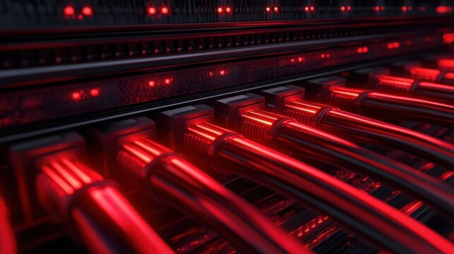 close-up of multiple glowing red network cables plugged into a server patch panel with led indicators, dramatic lighting conveying intense high-tech urgency