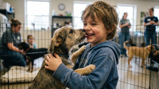 A joyful young boy laughs as a playful dog licks his face inside an animal shelter.