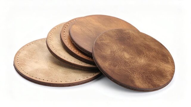 Five round, leather-like coasters with stitched edges are arranged in a stack against a white background