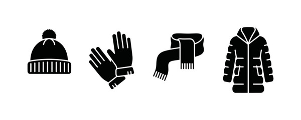 Collection of winter clothing icons including a beanie, gloves, scarf, and puffer jacket, representing cold weather apparel and seasonal fashion © ARIF