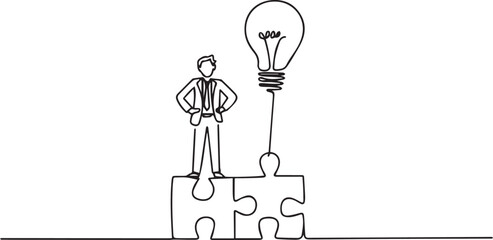 A man in a suit stands on a puzzle piece with a lightbulb © Sabrina