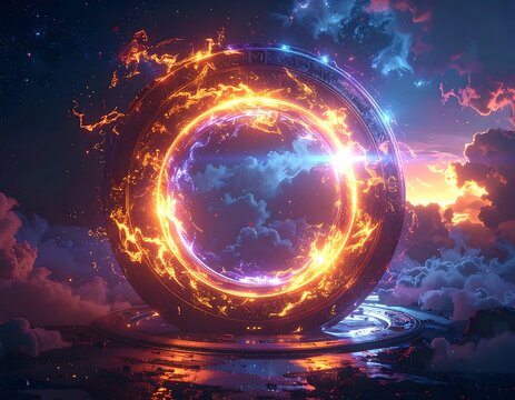 A glowing ring with flames and light on a cloudy background