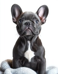 Fototapeta premium adorable dark gray puppy with large upright ears and white chest patch sitting on a cozy knit blanket, looking curious and attentive