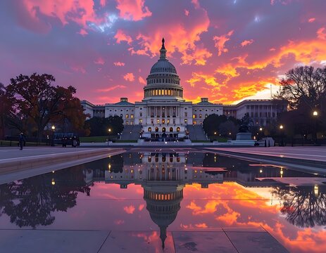 A majestic government building with a dome and columns at sunset