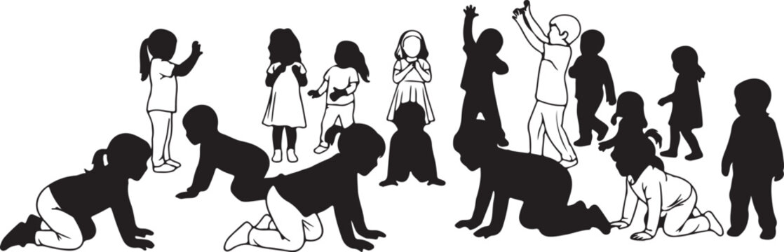 Flat vector set of teachers and children engaged in diverse educational activities like reading, geography, drawing, and playing blocks on a white background.