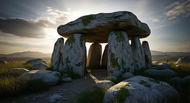 Ancient stone megalith structure at sunset dramatic lighting on transparent background