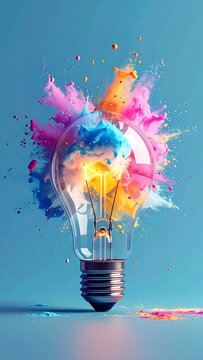 A lightbulb with colorful paint splatters on a blue background