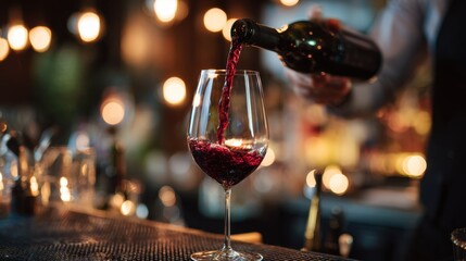Naklejka premium Bartender Pouring Red Wine in Dimly Lit Bar with Elegant Evening Ambiance.