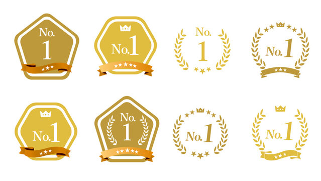 No.1ゴールドバッジフレームセット｜ランキング1位・受賞・星・リボン・月桂樹・高級感アイコン（No.1 gold badge frame set）: メダルセットB_08_No1