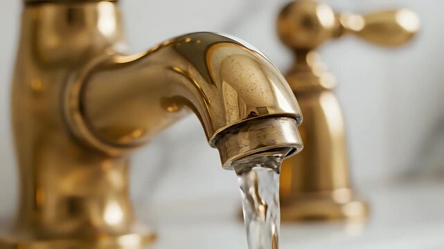 Close up of a vintage brass faucet with running water.