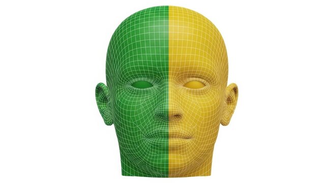 Split-face illustration depicting contrasting colors on either side of a human head isolated on white background