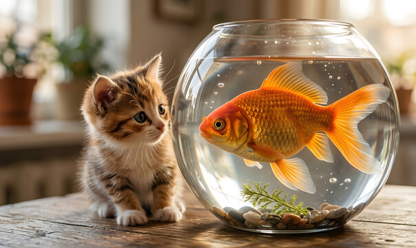 A curious kitten with striking green eyes closely watches a fish swimming inside a clear glass bowl placed on a wooden surface. The scene captures a playful yet tense moment of natural predator ins