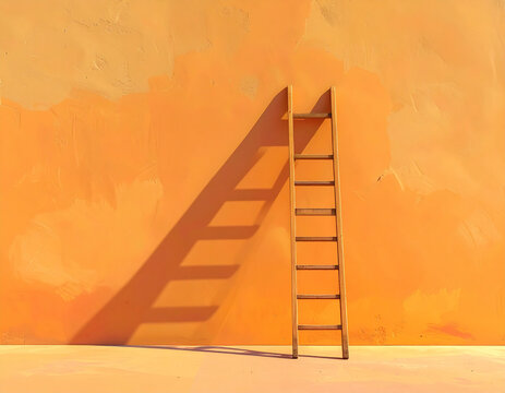 A single wooden ladder casting a long shadow against a vibrant orange wall.