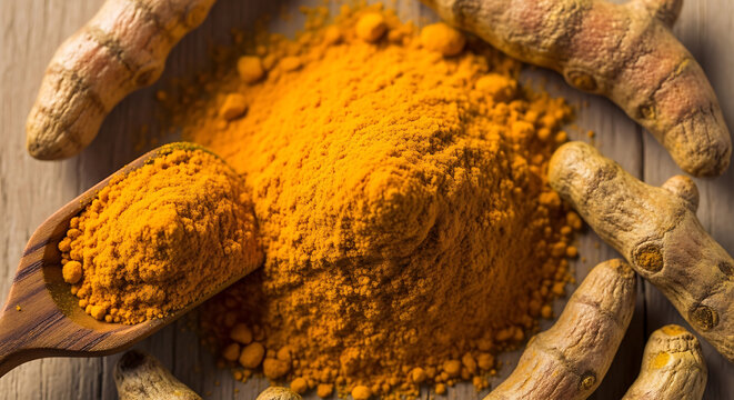 Bright turmeric powder and rhizomes displayed on a wooden surface on transparent background