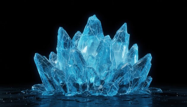 Majestic cluster of glowing blue crystal formations against a dark backdrop