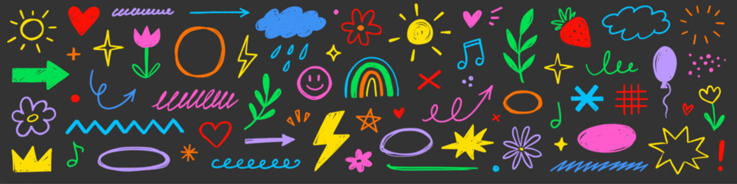 Crayon line pencil kid color icon set. Hand drawn crayon pastel color brush paint chalk line scribble texture. Cute kid children rainbow heart star sun cloud flower butterfly. Vector illustration
