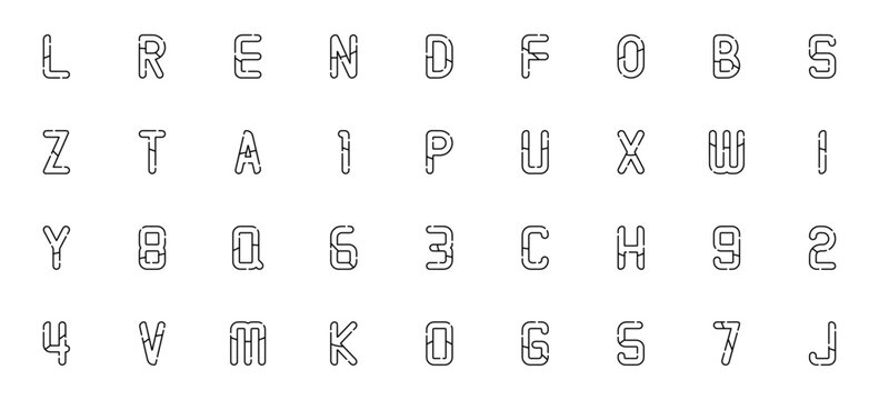 Alphabet and numbers icon set. Vector letter and number collection. Includes A to Z, 0 to 9 symbols like L, R, E, N, D, F, B, S, Z, T, P, U, X, W, I, Y, Q, C, H, V, M, K, O, G, J.