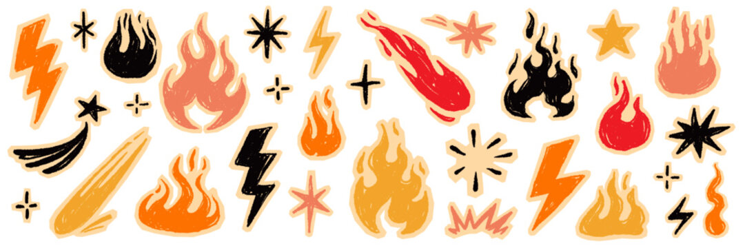 Fire flame icon doodle set. Hand drawn fire flame brush scribble grunge chalk texture shape graphic. Lightning bolt explosion energy blast power sticker rock burst. Vector illustration