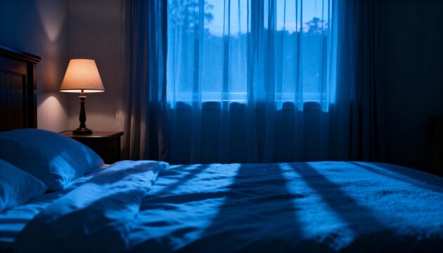 A serene bedroom at night with soft moonlight filtering through the window curtains and a warm bedside lamp illuminating the cozy, rumpled bed.