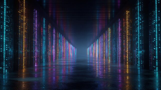 Futuristic Neon Tunnel with Digital Data Streams and Reflections.