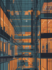 Fototapeta premium Building with glass walls shows warm light inside offices during evening time in a busy city
