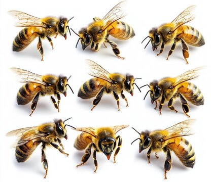 nine close-up honey bees on white background, detailed macro views showing fuzzy golden bodies, translucent wings, antennae and legs, alert and industrious expressions