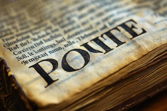 close-up of an aged printed book page showing the large word POETE, yellowed paper and stacked deckled edges, warm nostalgic scholarly mood