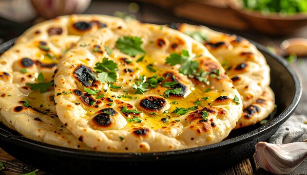 Freshly baked garlic naan bread with melted butter and parsley in a cast iron skillet