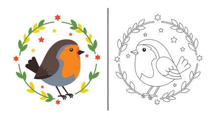 Obraz premium Colorful Robin Bird with Floral Wreath and Black-and-White Outline