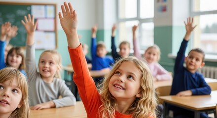 Fototapeta premium Children enthusiastically raising their hands in a classroom setting
