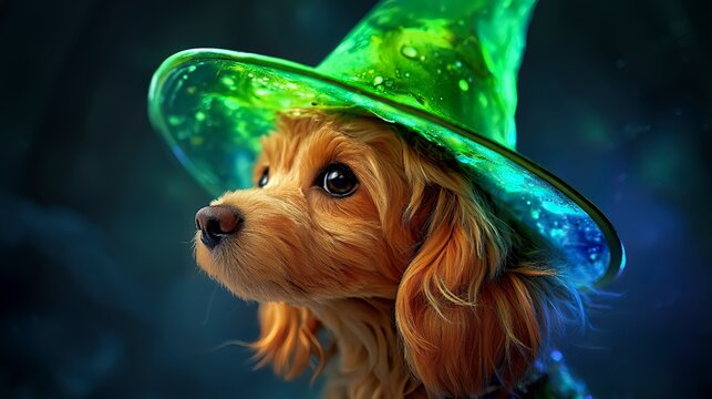 Mystical watercolor poodle wearing a green witch hat against a dark blue background whimsical pet portrait clipart for halloween and fantasy themed creative designs