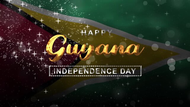 Happy guyana independence day text animation with waving flag and fireworks. Suitable for national holiday advertising or social media campaigns.