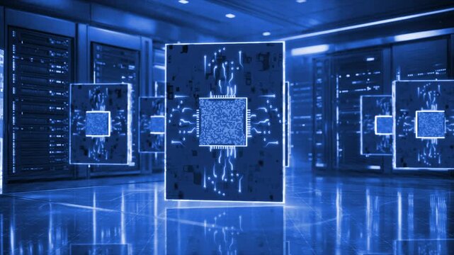Royal blue color glowing microchip circuit Board with with server racks data flow traffic on servers hi tech design black technology 3D background