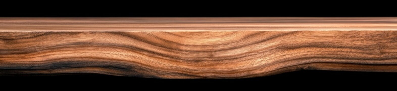 polished wavy wooden shelf edge with rich grain against a black background, warm and inviting