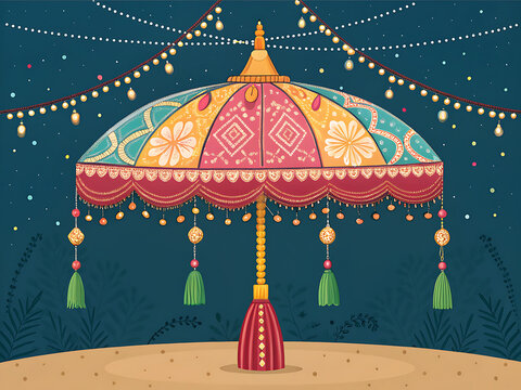 Indian wedding decorative umbrella (chatri) background with colorful fabric patterns, hanging tassels, festive lighting, poster composition, no people