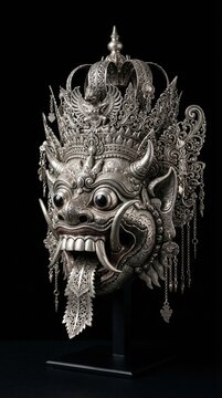A dramatic silver sculpture inspired by Rangda, the legendary demon queen in Balinese mythology. The fierce expression and intricate carvings showcase the mystical depth of Indonesian cultural storyte