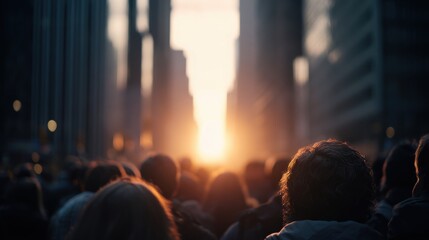 Fototapeta premium Silhouetted crowd in a city street bathed in the warm glow of a setting sun.