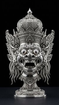 Highly detailed silver sculpture inspired by the traditional Balinese Barong mask. The intricate carvings and expressive mythical features showcase the richness of Indonesian culture and masterful sil