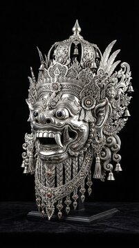 Highly detailed silver sculpture inspired by the traditional Balinese Barong mask. The intricate carvings and expressive mythical features showcase the richness of Indonesian culture and masterful sil