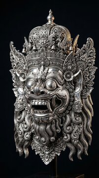 Highly detailed silver sculpture inspired by the traditional Balinese Barong mask. The intricate carvings and expressive mythical features showcase the richness of Indonesian culture and masterful sil
