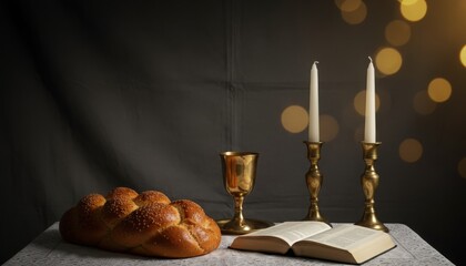 Fototapeta premium Sacred bread and candles beside an open book in a serene setting.