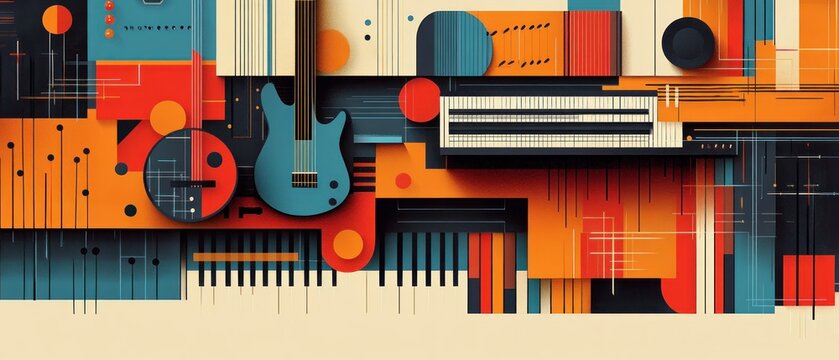 vibrant geometric music collage featuring electric guitar, piano keys, circular drum shapes and bold lines conveying energetic rhythmic motion
