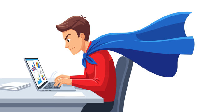 cartoon man in red shirt with blue cape working on laptop at desk.