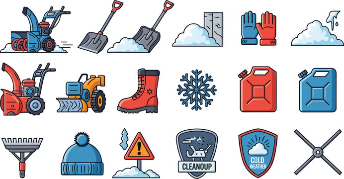 Winter Snow Removal Equipment Icon Set Shovel Blower Cleanup Tools